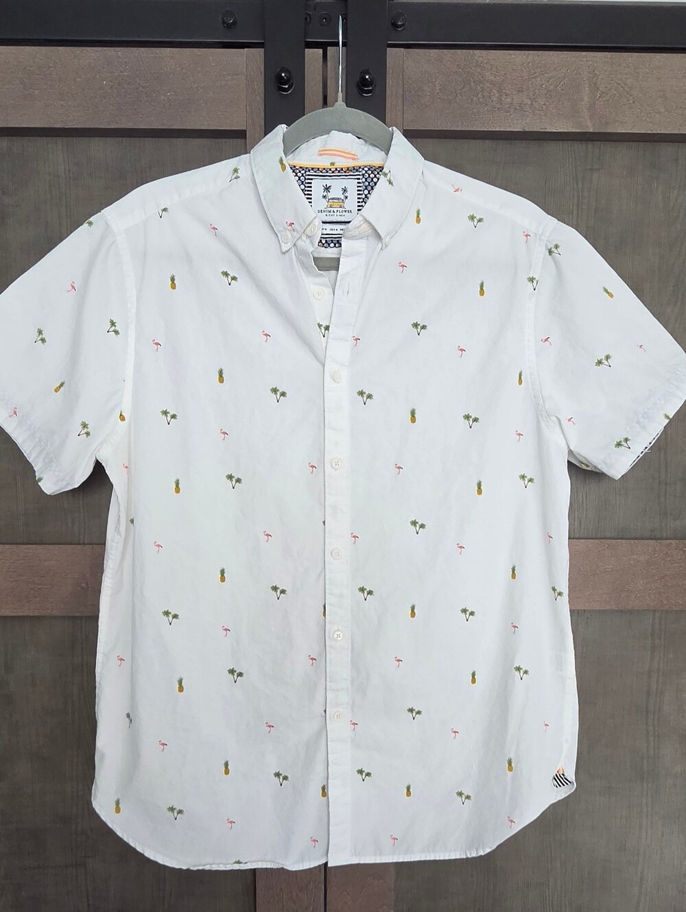 Denim & Flower Ricky Singh Mens M White Flamingo Pineapple Palm Tree Shirt